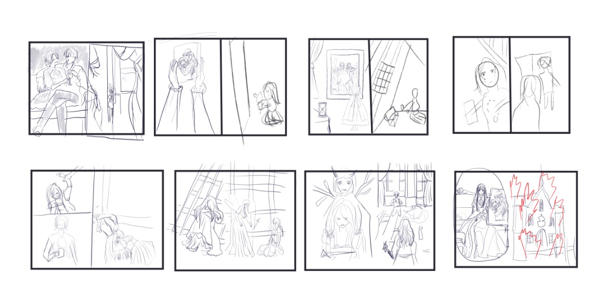 Storyboard version two, told from Cinderella's point of view, centred on her mother's portrait.