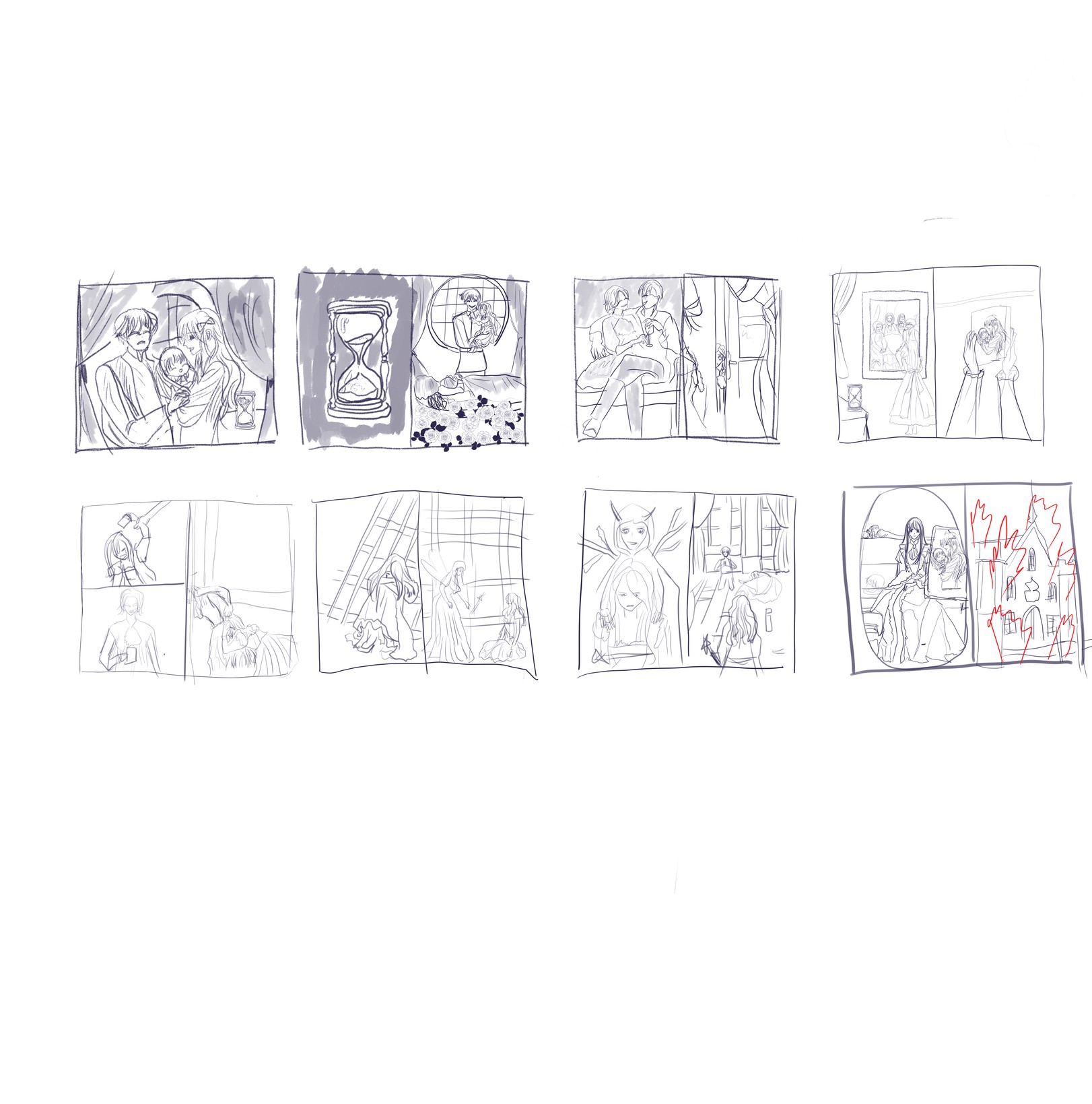A hand-drawn storyboard of eight rough panels planning the Cinderella retelling.