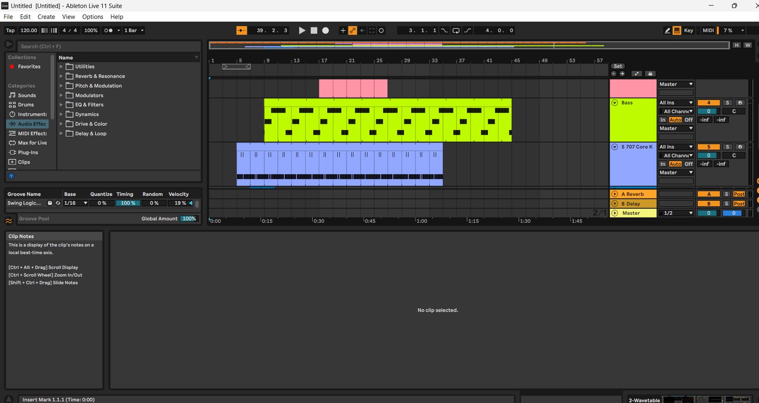 An Ableton Live session for Canyon Racer, showing layered MIDI and audio tracks used to build the game's sound effects and music.