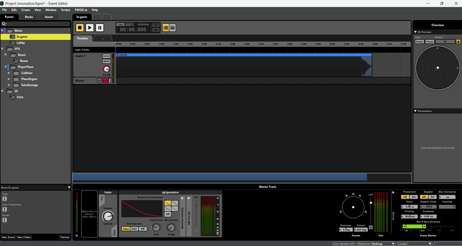 An FMOD Studio event from Canyon Racer, showing the event editor and master track routing used to implement the audio in Unity.