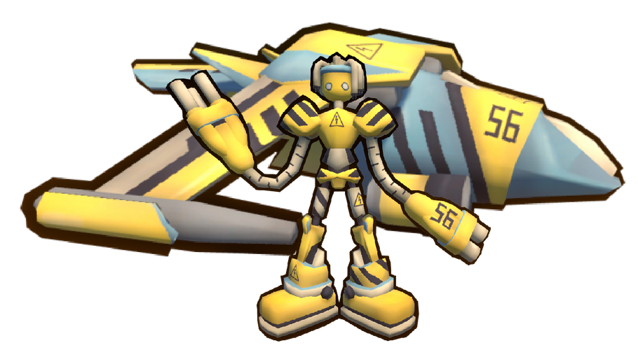 The medium Canyon Racer aircraft, a yellow plane with its robot pilot.