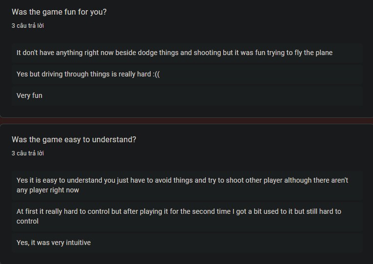 Playtest feedback responses asking whether the game was fun and easy to understand.