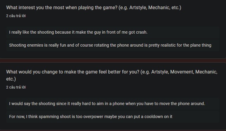 Playtest feedback responses about what interested players most and what they would change.