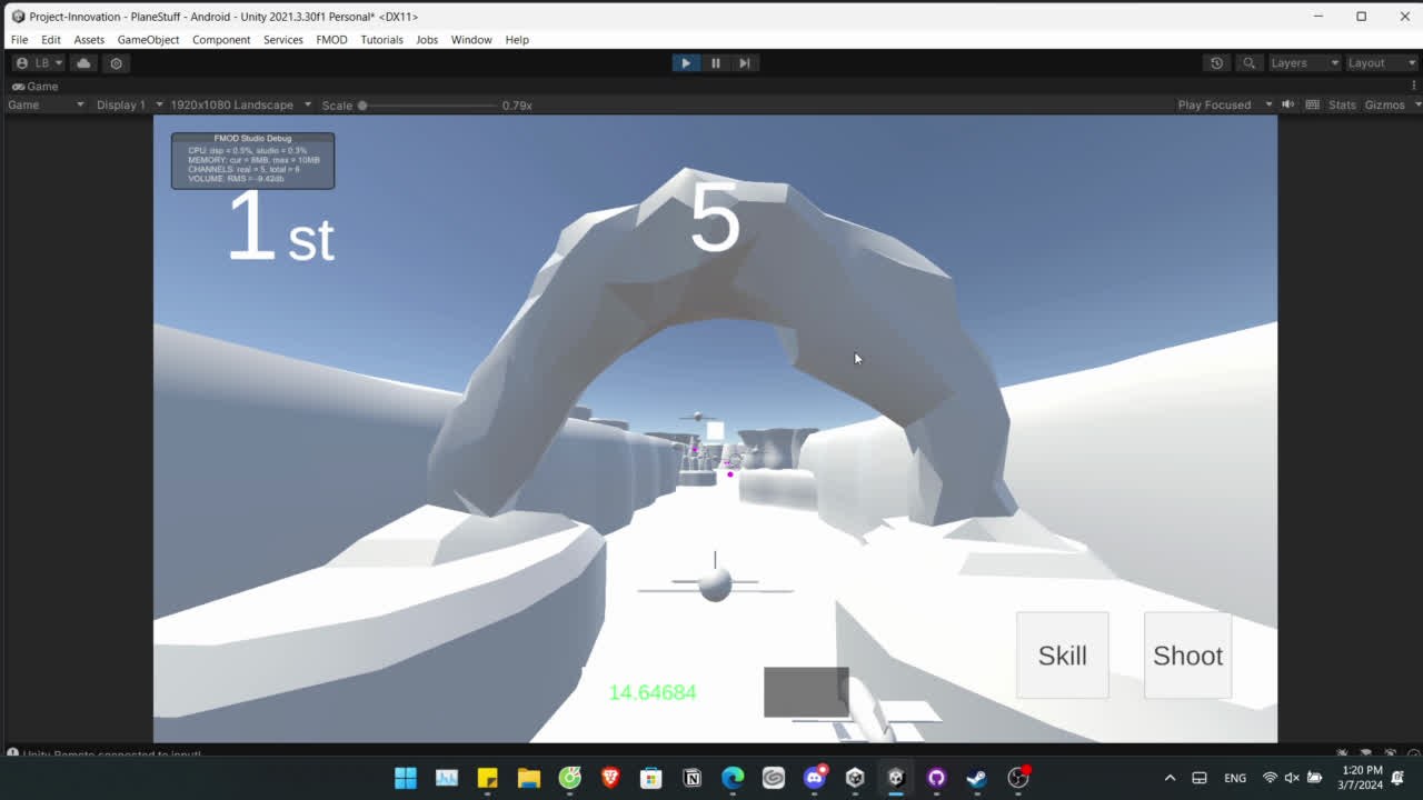 A greybox prototype of Canyon Racer running in Unity: a plane flying through a canyon toward a rock arch, with on-screen Skill and Shoot buttons, a race position, and a countdown.