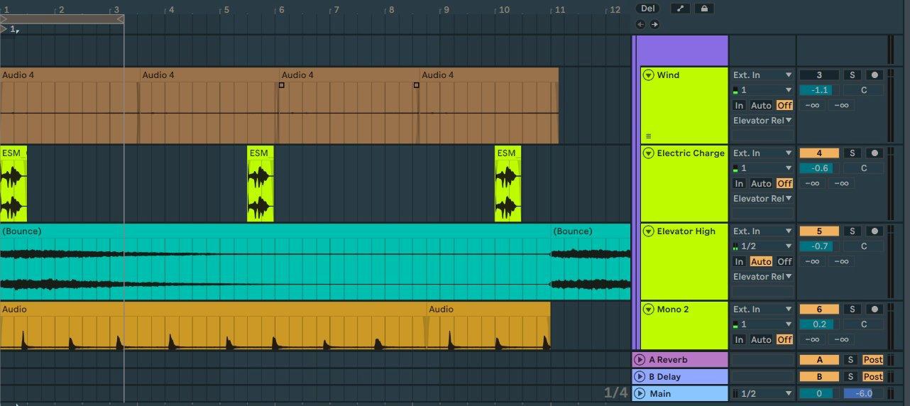 An Ableton Live session for The Feast of the Gods, showing layered audio tracks for wind, electrical charge, and elevation.