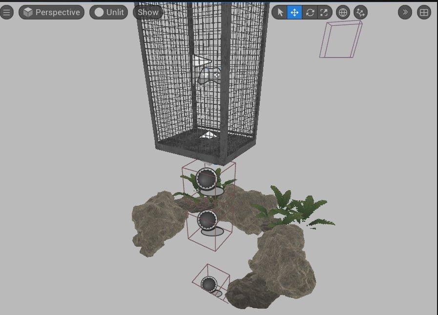 The Unreal editor showing rumble points placed beneath the audience cage, each setting a location and intensity for haptic feedback sent to the plate.