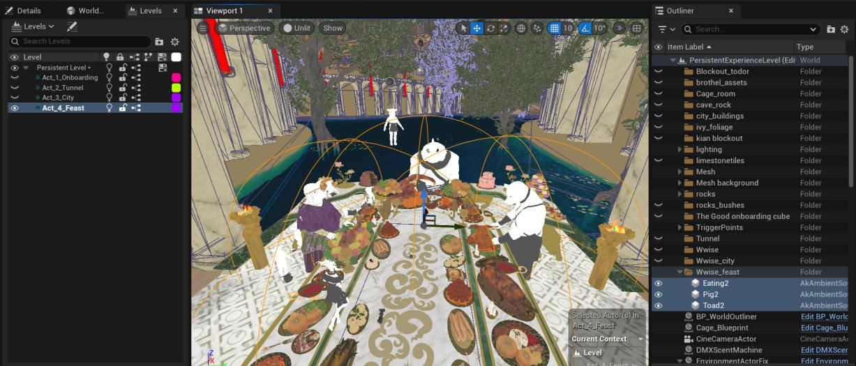 The Feast scene rendered in Unreal Engine, viewed inside the Wwise project: characters gathered around a long banquet table.