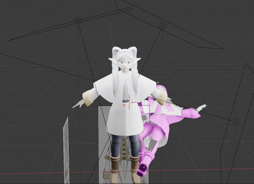 A stylised anime character modelled in Blender, shown in the viewport during blocking and posing.