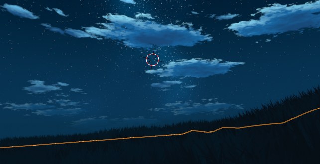 A procedural night sky render: clouds and stars over a dark forest horizon.