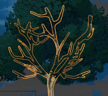 A stylised tree modelled in Blender with an outline shader, against the night environment.