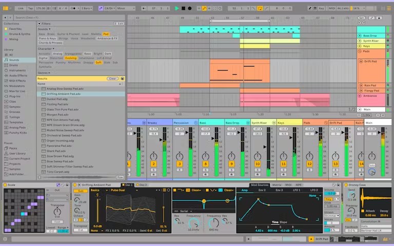 An Ableton Live session used to compose the background music and wind ambience for Vertigato.