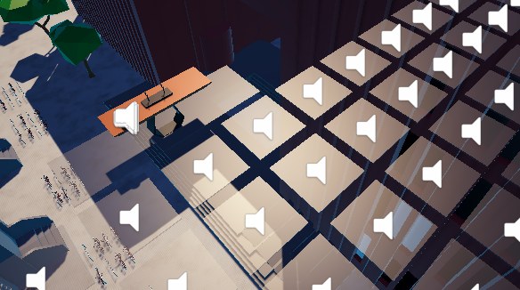 Unity scene view showing audio emitter icons placed across a glass panel high above a city.