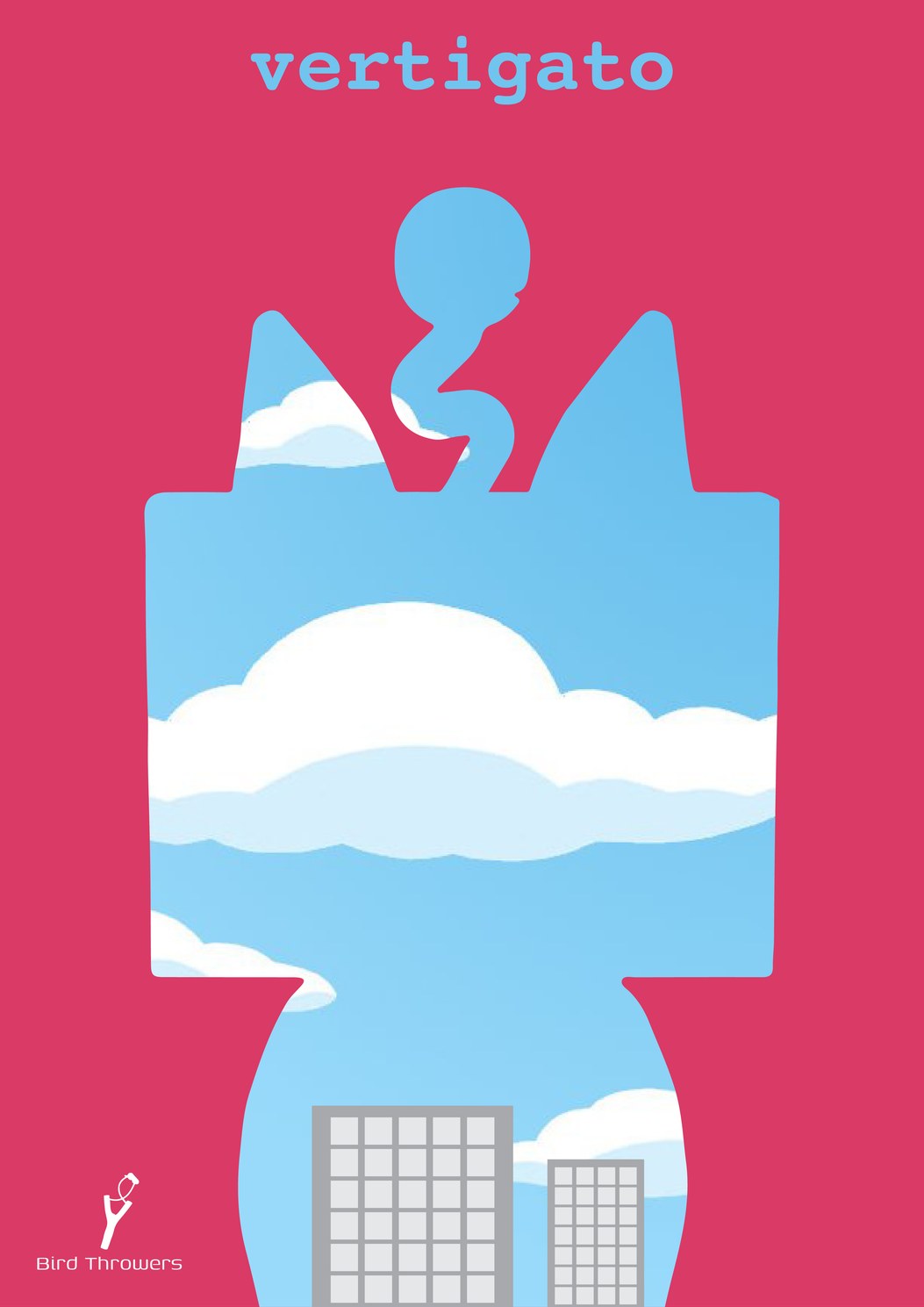 Vertigato promotional art: a cat silhouette filled with a bright sky and city buildings, with the title vertigato above it.