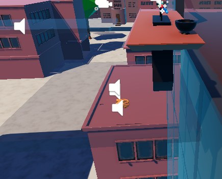 Unity scene view of the rooftop minigame with audio emitters near a bird nest on a ledge.