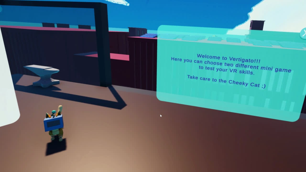 In-game VR scene: the cat mascot stands on a rooftop next to a welcome panel reading Welcome to Vertigato, where players choose between two minigames.