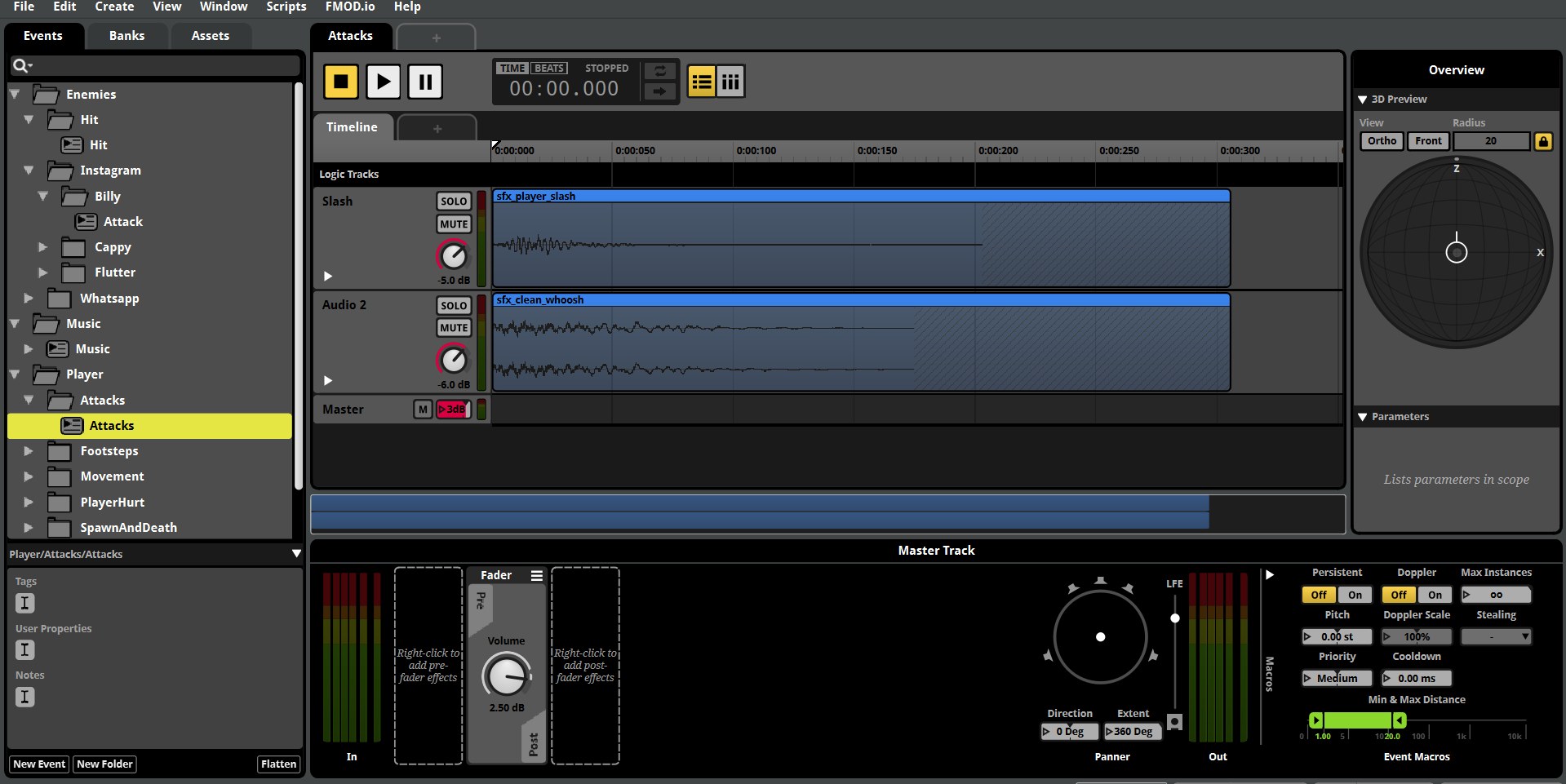 FMOD player attack event layering a slash and a clean whoosh across two tracks.