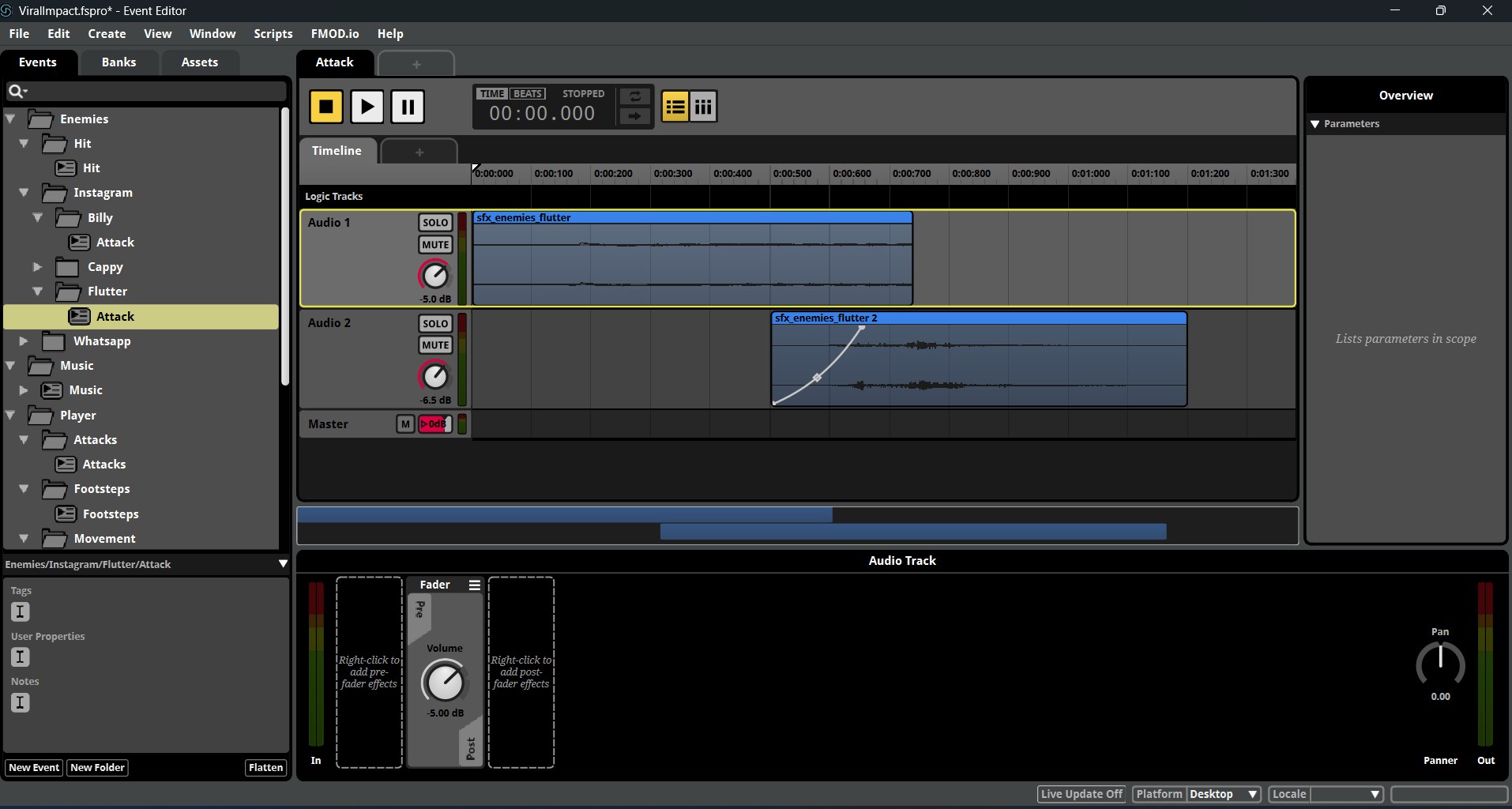 FMOD enemy Flutter attack event with two audio tracks and a volume automation ramp.