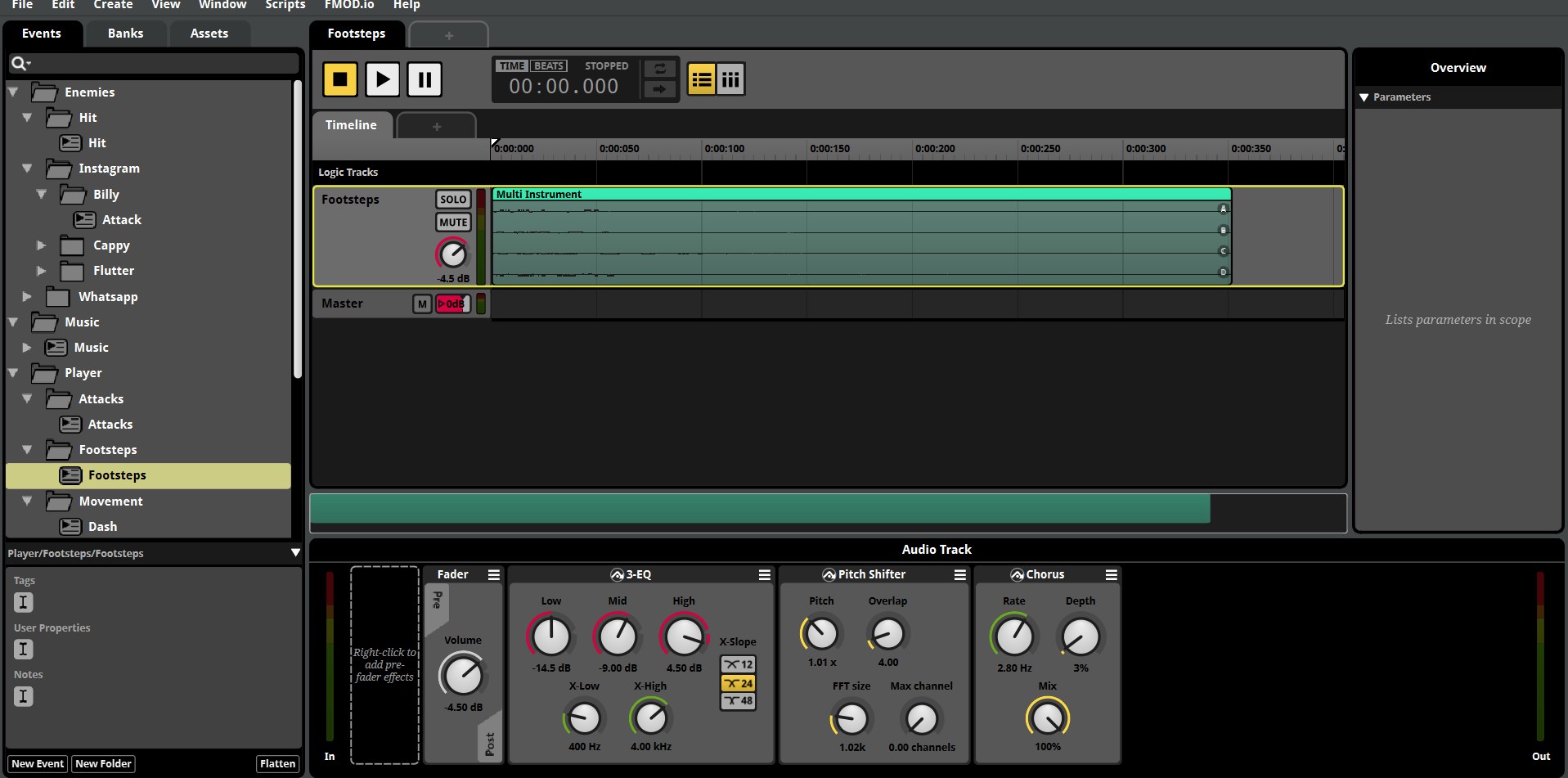 FMOD footsteps event with a multi-instrument feeding a 3-EQ, Pitch Shifter, and Chorus effect chain.