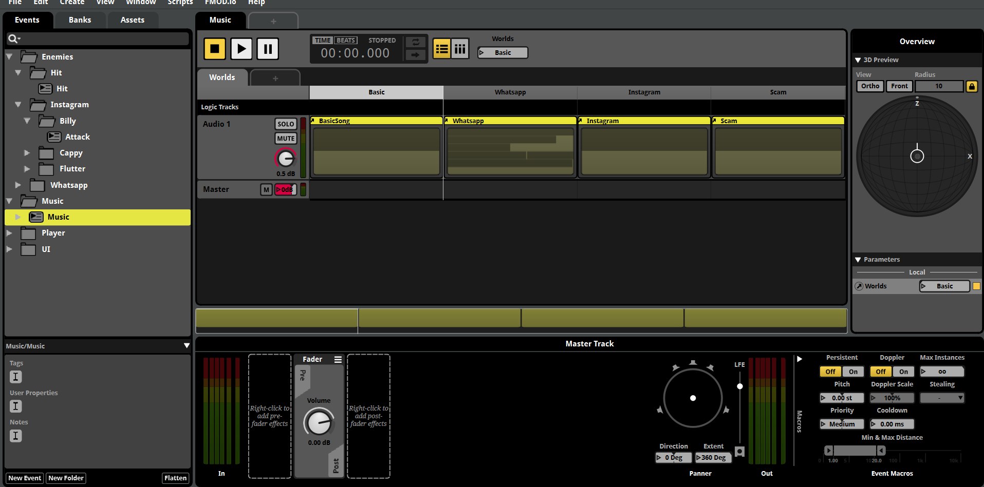 FMOD Studio music event for Viral Impact, showing a Worlds parameter switching between Basic, Whatsapp, Instagram, and Scam songs.