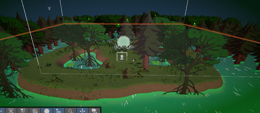 A Viral Impact level laid out in the editor: a forest-themed island with a level boundary and props placed across it.