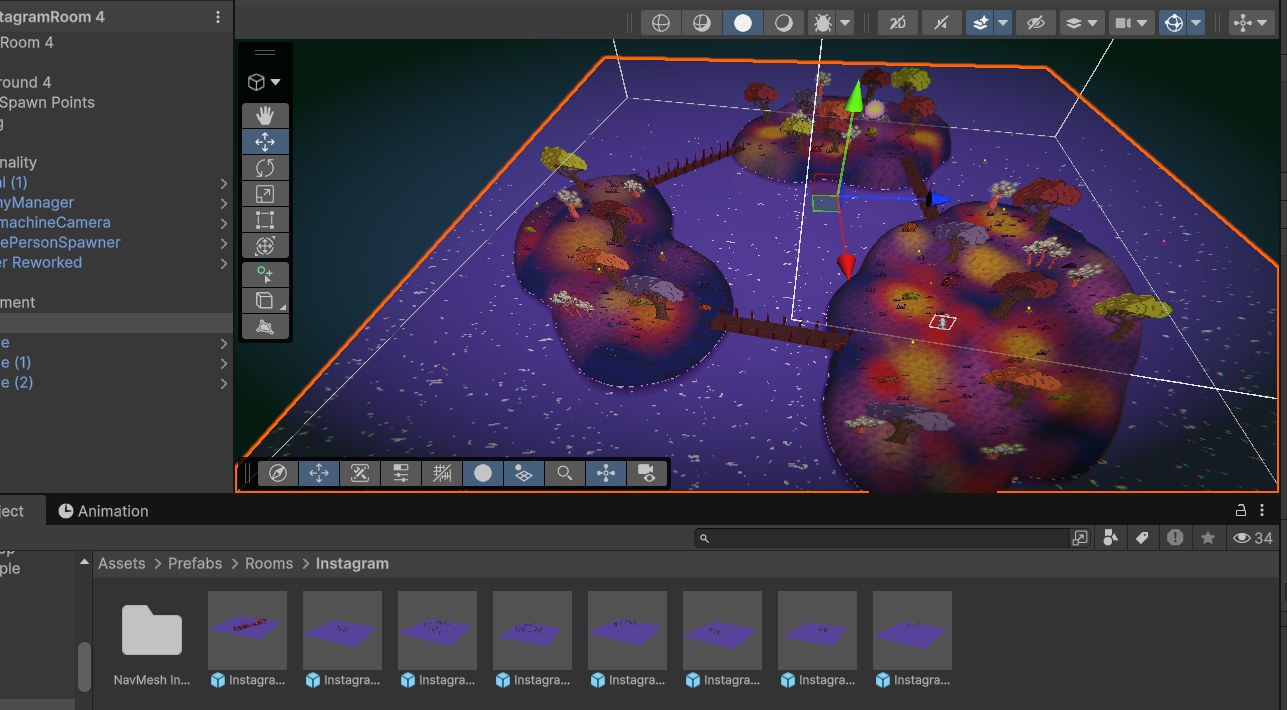 An Instagram-themed Viral Impact level in the editor, showing spawn points and room structure.