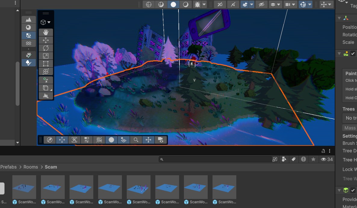 A Scam-themed night level for Viral Impact viewed in isometric, with a level boundary outline.